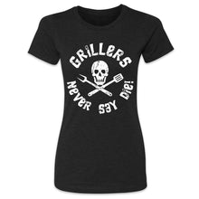 Load Image into Gallery viewer, Butcher Block Grillers Never Say Die Tee Ladies Black