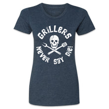 Load Image into Gallery viewer, Butcher Block Grillers Never Say Die Tee Ladies Midnight Navy