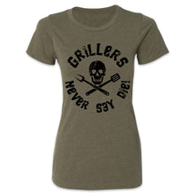 Load Image into Gallery viewer, Butcher Block Grillers Never Say Die Tee Ladies Military Green