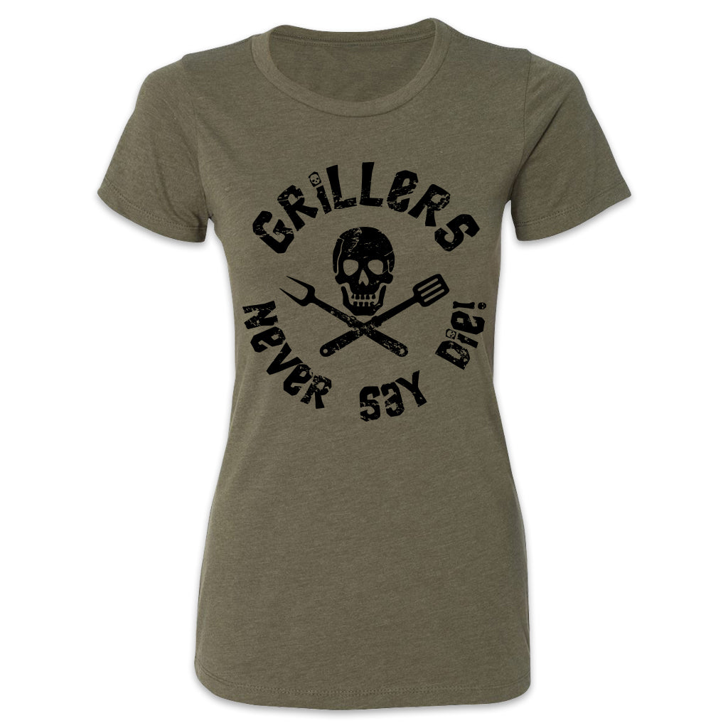 Butcher Block Grillers Never Say Die Tee Ladies Military Green