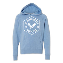 Load Image into Gallery viewer, Butcher Block Logo Hoodie Youth Blue