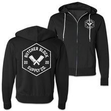 Load Image into Gallery viewer, Butcher Block Supply Co Logo Zip Hoodie Black Front And Back