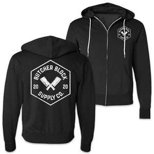 Butcher Block Supply Co Logo Zip Hoodie Black Front And Back