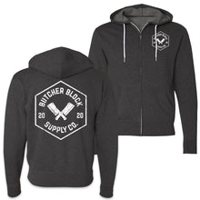 Load Image into Gallery viewer, Butcher Block Supply Co Logo Zip Hoodie Charcoal Front And Back