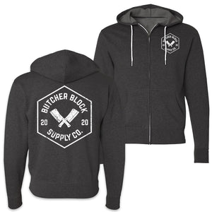 Butcher Block Supply Co Logo Zip Hoodie Charcoal Front And Back