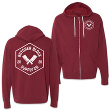 Load Image into Gallery viewer, Butcher Block Supply Co Logo Zip Hoodie Currant Front And Back