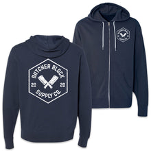 Load Image into Gallery viewer, Butcher Block Supply Co Logo Zip Hoodie Slate Front And Back