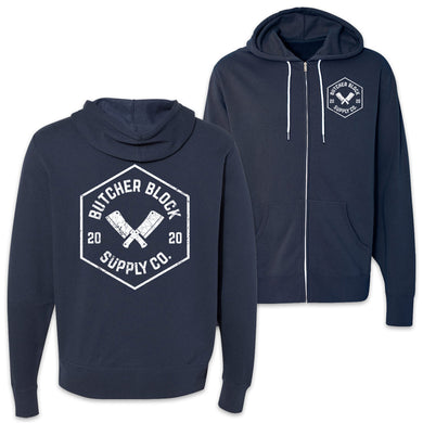 Butcher Block Supply Co Logo Zip Hoodie Slate Front And Back