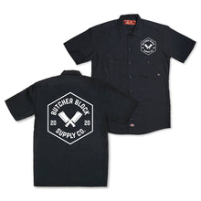 Load Image into Gallery viewer, Butcher Block Supply Co Logo Shop Shirt Black Front And Back