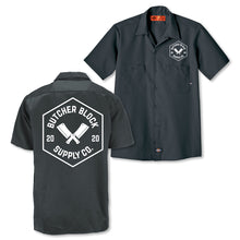 Load Image into Gallery viewer, Butcher Block Supply Co Logo Shop Shirt Charcoal Front And Back