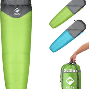 VILLEY Mummy Sleeping Bag, Lightweight Backpacking Sleeping Bag for Adults & Kids, Camping Hiking Equipment for 3-4 Seasons