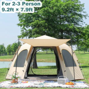 EZBY Tents for Camping,2-3 Person Instant Pop Up Camping Tent with Screen Porch,Removable Rainfly and Carry Bag for Camping Backpacking Hiking-Beige