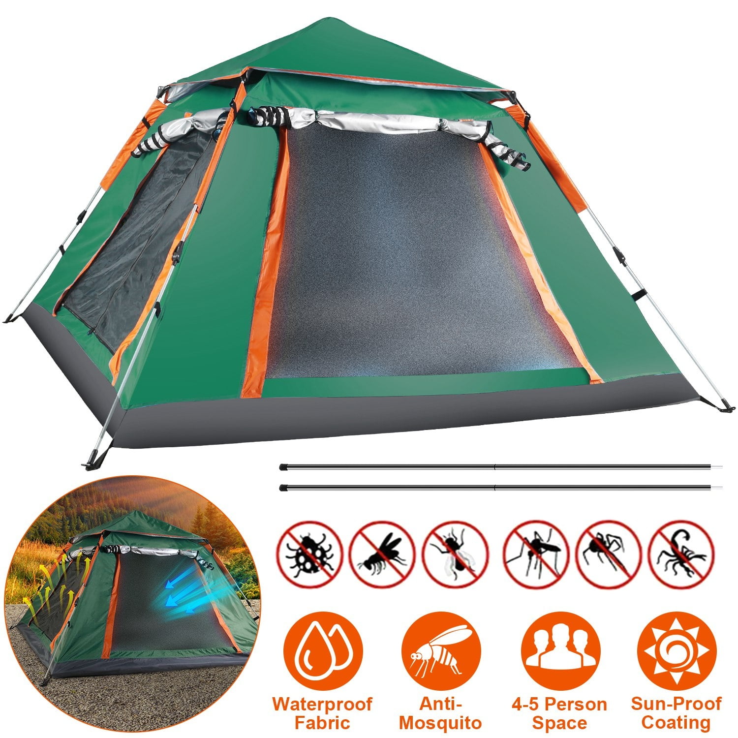 60-Second Setup 4-5 Person Family Camping Tent - Lightweight Portable Dome Tent with Dual Mosquito Net Windows, Waterproof Rainfly for Outdoor, Hiking & Backpacking,Green - Image 2