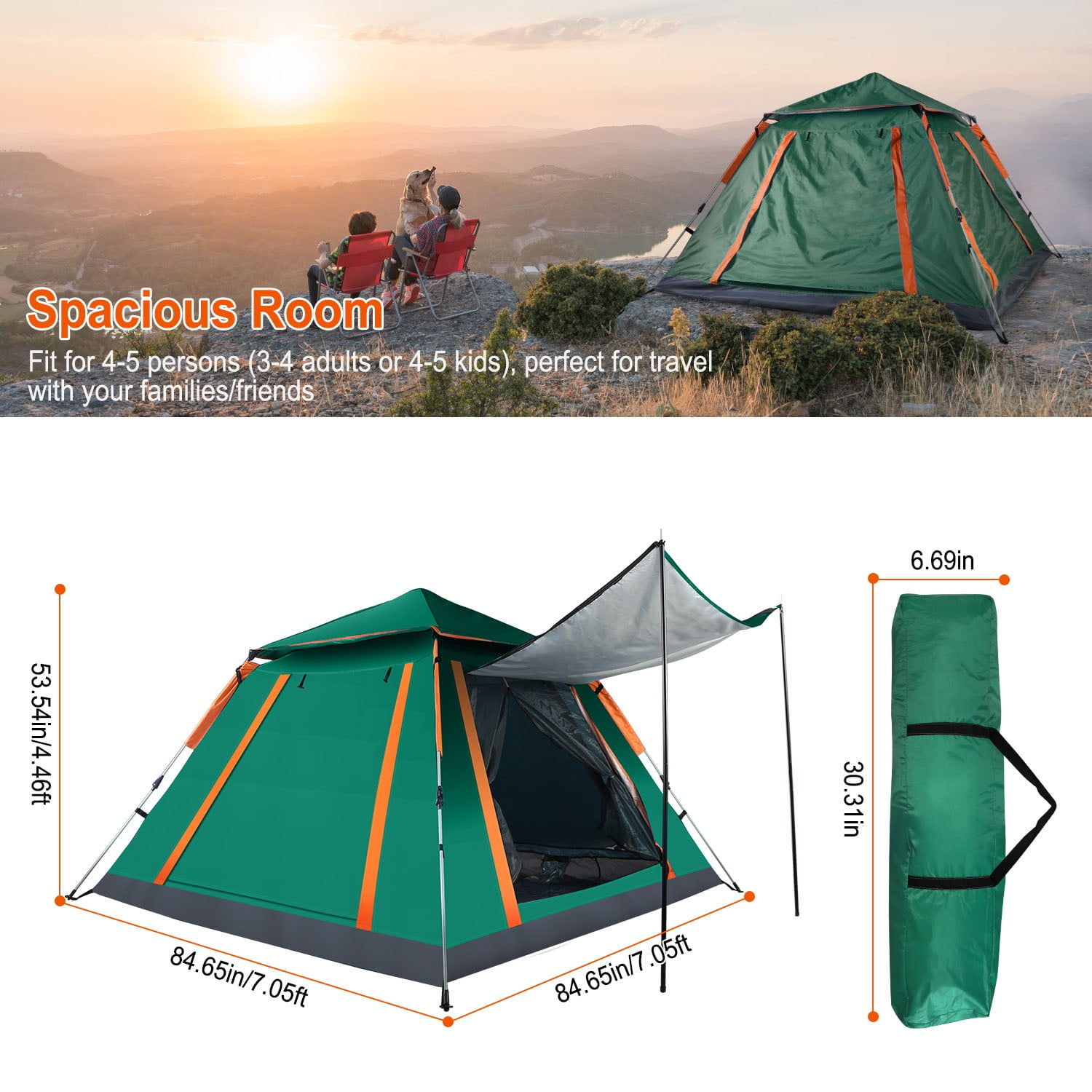 60-Second Setup 4-5 Person Family Camping Tent - Lightweight Portable Dome Tent with Dual Mosquito Net Windows, Waterproof Rainfly for Outdoor, Hiking & Backpacking,Green - Image 6