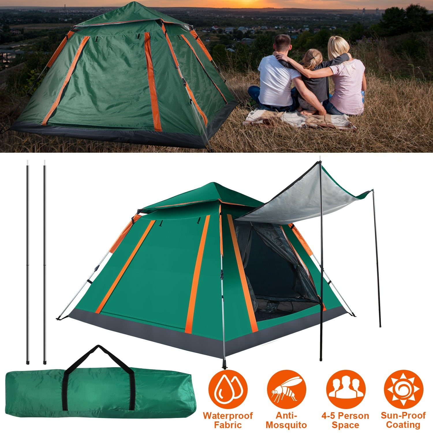 60-Second Setup 4-5 Person Family Camping Tent - Lightweight Portable Dome Tent with Dual Mosquito Net Windows, Waterproof Rainfly for Outdoor, Hiking & Backpacking,Green - Image 8