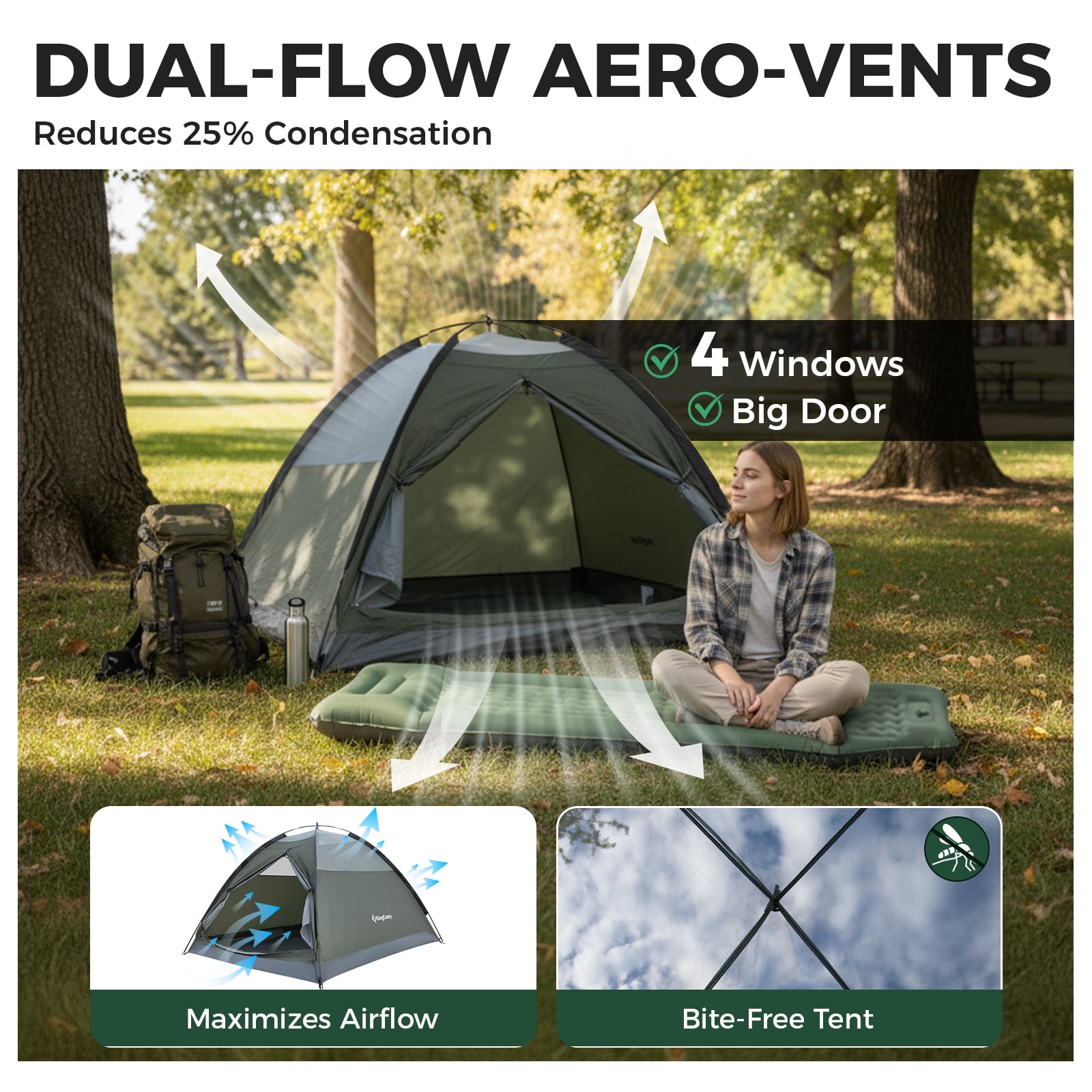 KingCamp 2-Person Camping Tent, Waterproof Tent for Camping with Rain Fly and Carrying Bag, Huge Door for Camping, Hiking, Travel - Image 3