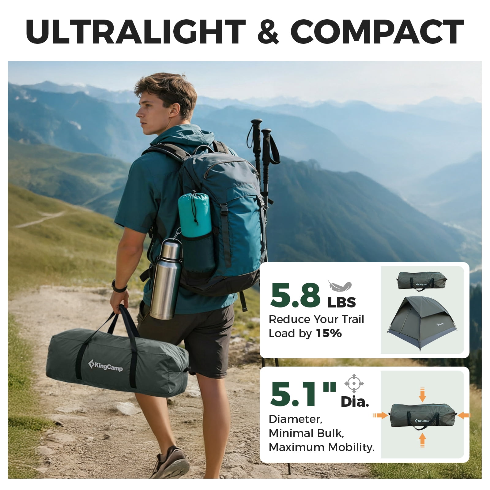 KingCamp 2-Person Camping Tent, Waterproof Tent for Camping with Rain Fly and Carrying Bag, Huge Door for Camping, Hiking, Travel - Image 5