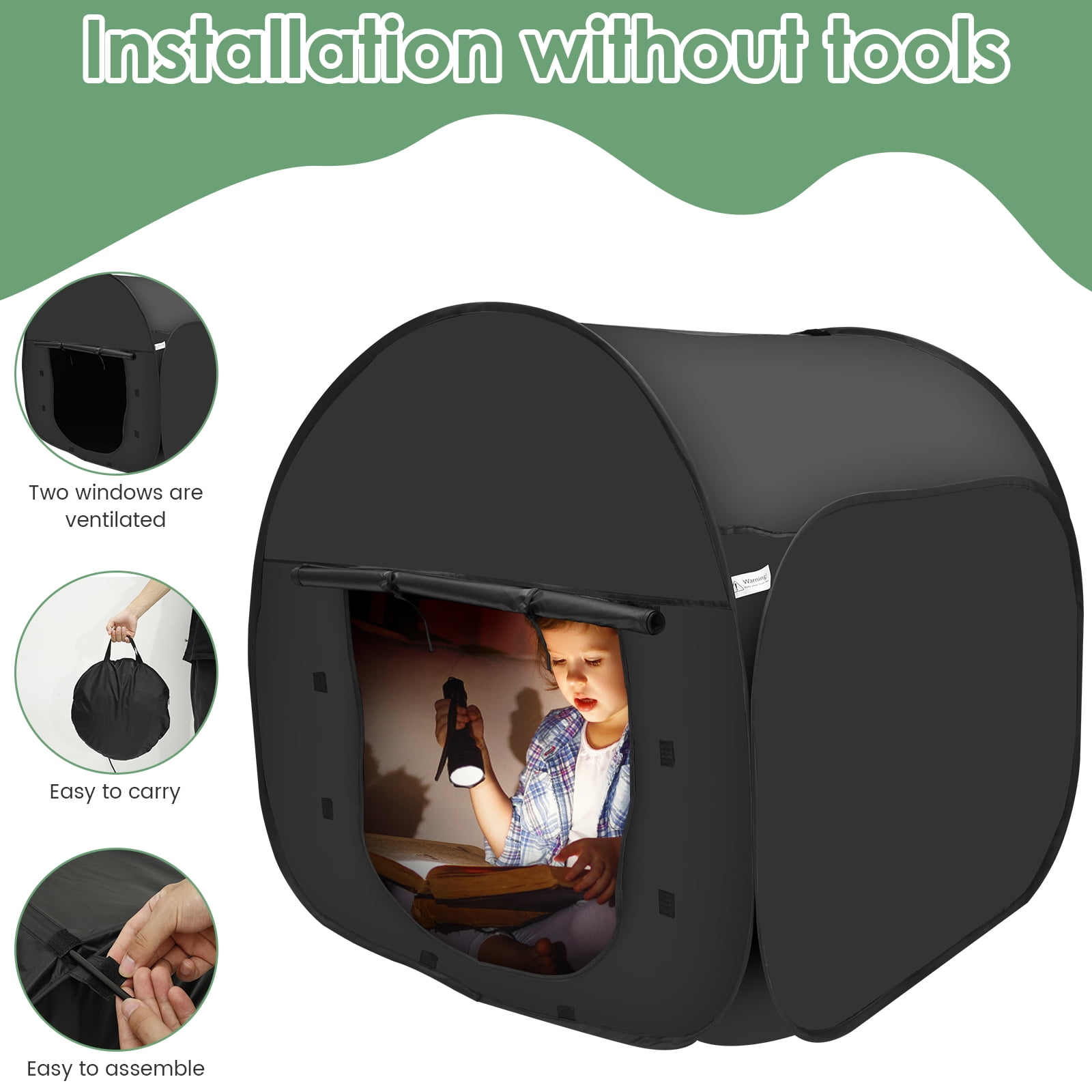 AEVXKHI Pop Up Blackout Calming Tent with 2 Windows, Easy to Set Up, Foldable Calm Down Black Tent, Comfortable Accommodate 1 to 2 People Calm Corner Tent for Kids - Image 7