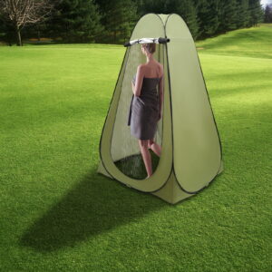 Instant Pop-Up Toilet Tent, 3.94x3.94x6.23ft Green Polyester, UV-Resistant Silver Layer, Dual Zipper Door & Mesh Window, Great for Outdoor Games/Model Changing