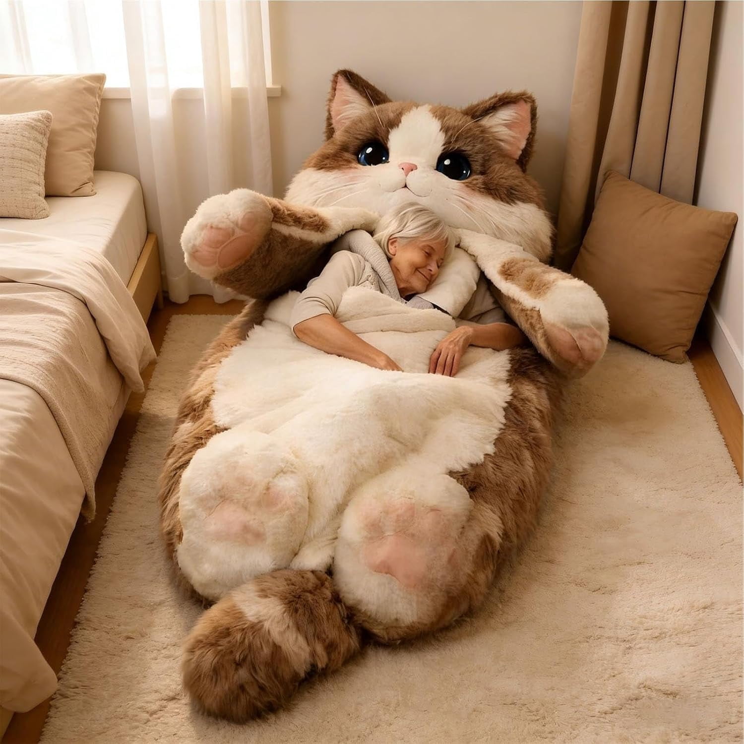 Cat Shaped Plush Sleeping Bag for Adults, 74.8"x31.4" Soft Plush Adorable Cat Envelope Sleeping Bag, Washable Warm Blanket for Camping Sleepovers Home(Q) - Image 3