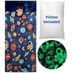 Kids Glow-in-the-Dark Space Sleeping Bag with Pillow, Extra Soft Sleep Bag for Boys & Toddlers, Planets & Stars Design, Pillow Pocket, Ages 3+ (66'' x 33")