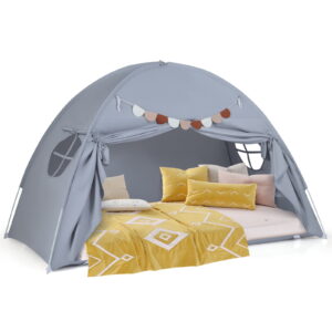 Gymax Twin Full Size Bed Tent w/2 Windows Flags for Boys & Girls Aged 3+ Years Old Grey