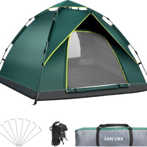 SAN LIKE Camping Tent 3/4 Person Tents for Family Camp Tent Waterproof Outdoor for Backpacking Hiking Easy Setup with Storage Bag,8 Ground ding,4 Windproof Rope(Green with Doors No Windows)