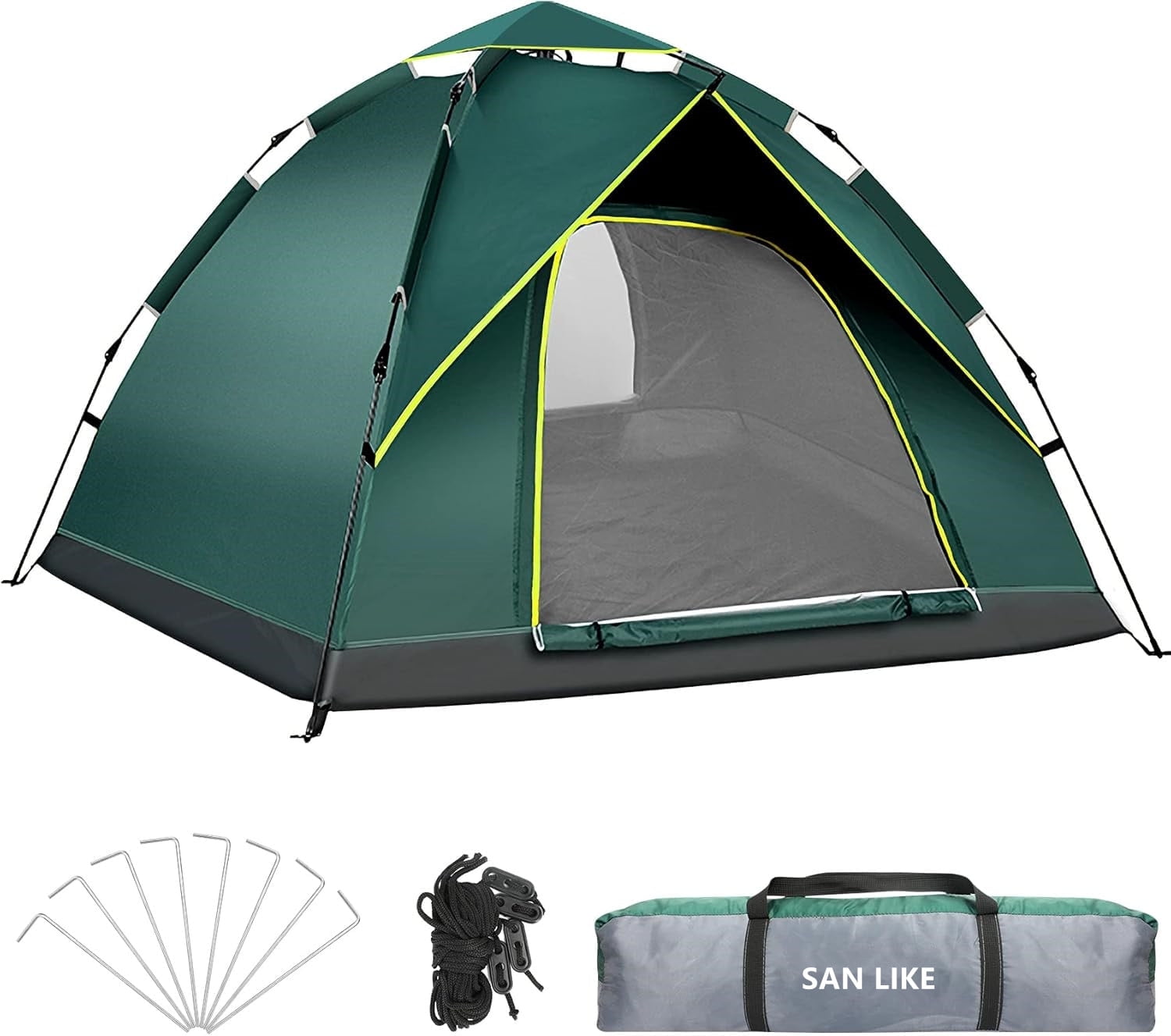 SAN LIKE Camping Tent 3/4 Person Tents for Family Camp Tent Waterproof Outdoor for Backpacking Hiking Easy Setup with Storage Bag,8 Ground ding,4 Windproof Rope(Green with Doors No Windows)