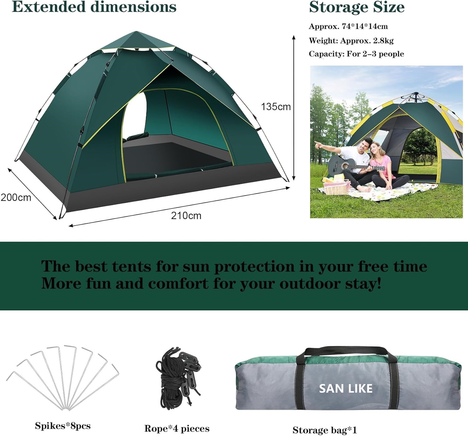 SAN LIKE Camping Tent 3/4 Person Tents for Family Camp Tent Waterproof Outdoor for Backpacking Hiking Easy Setup with Storage Bag,8 Ground ding,4 Windproof Rope(Green with Doors No Windows) - Image 2