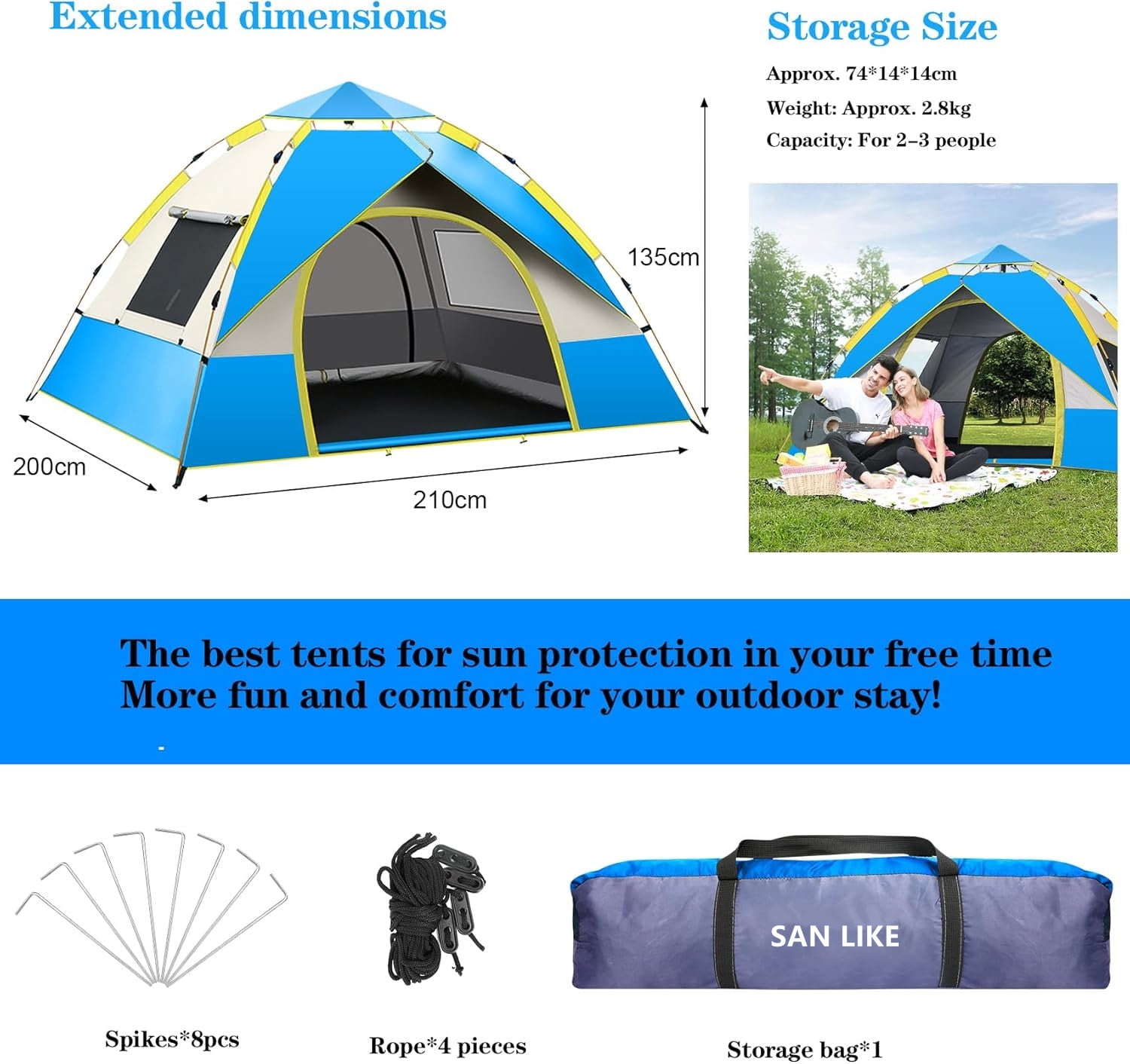 SAN LIKE Camping Tent 3/4 Person Tents for Family Camp Tent Waterproof Outdoor for Backpacking Hiking Easy Setup with Storage Bag,8 Ground ding,4 Windproof Rope(Green with Doors No Windows) - Image 8