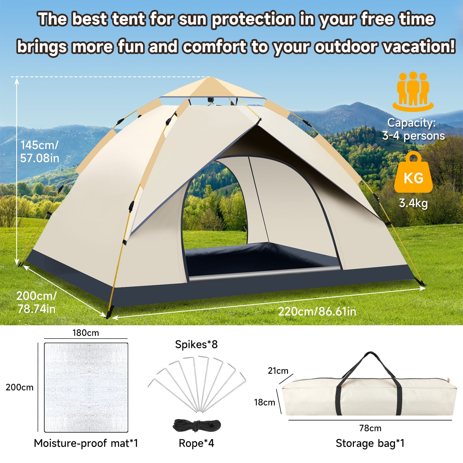SAN LIKE Camping Tent 3/4 Person Tents for Family Camp Tent Waterproof Outdoor for Backpacking Hiking Easy Setup with Storage Bag,8 Ground ding,4 Windproof Rope(Green with Doors No Windows) - Image 15