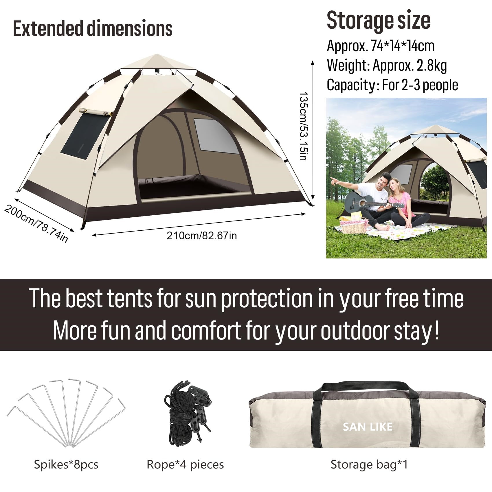 SAN LIKE Camping Tent 3/4 Person Tents for Family Camp Tent Waterproof Outdoor for Backpacking Hiking Easy Setup with Storage Bag,8 Ground ding,4 Windproof Rope(Green with Doors No Windows) - Image 21