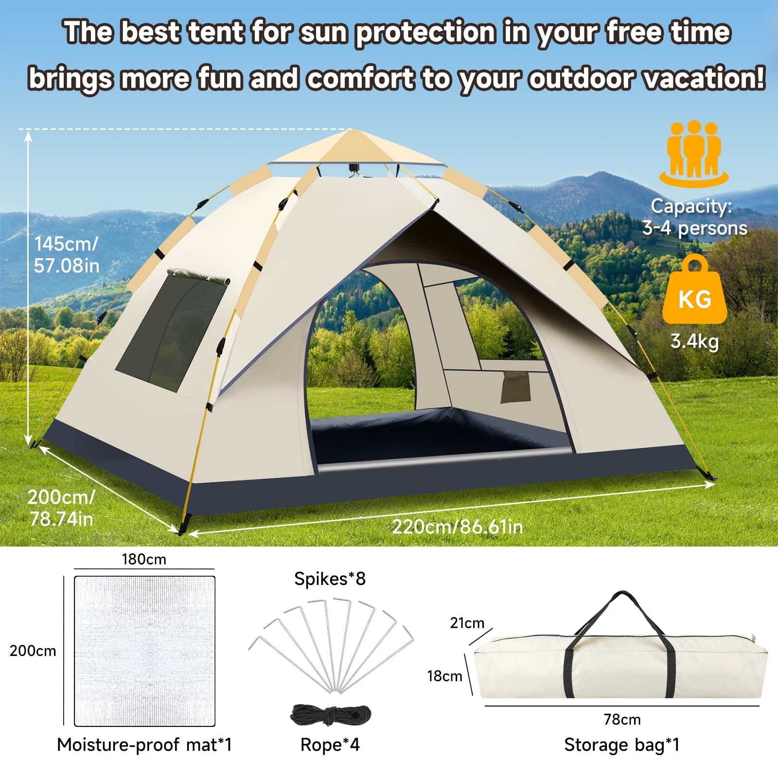 SAN LIKE Camping Tent 3/4 Person Tents for Family Camp Tent Waterproof Outdoor for Backpacking Hiking Easy Setup with Storage Bag,8 Ground ding,4 Windproof Rope(Green with Doors No Windows) - Image 29