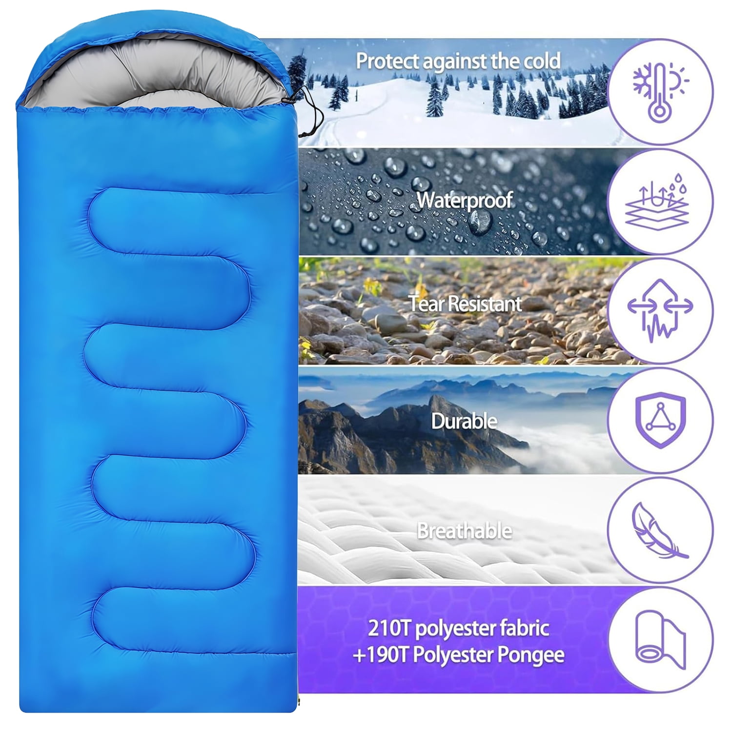 Heavy-Duty Blue Sleeping Bag (32.7" x 9.8") - 3-Season Waterproof Sleeping Bag for Camping, Hiking and Backpacking - Image 4