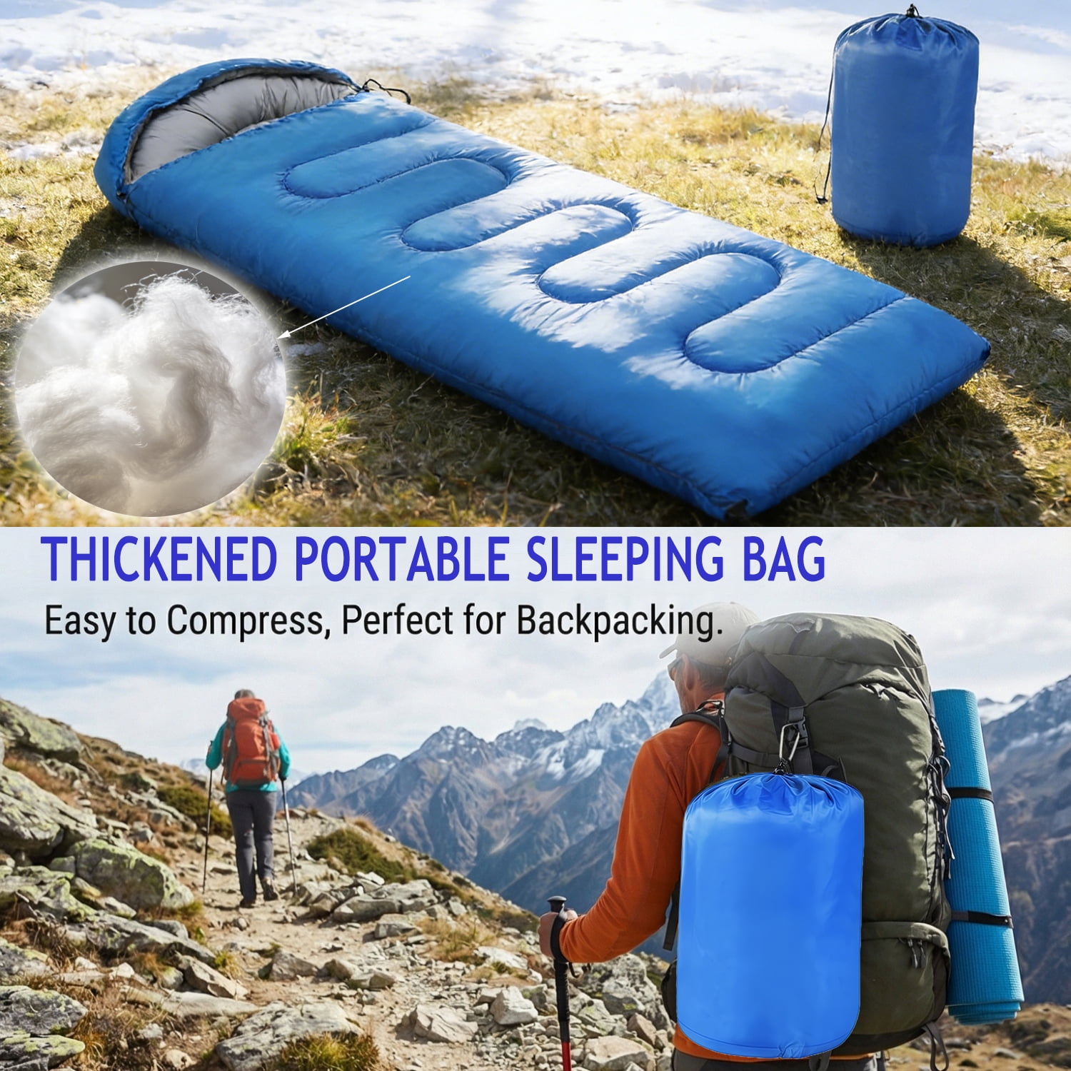 Heavy-Duty Blue Sleeping Bag (32.7" x 9.8") - 3-Season Waterproof Sleeping Bag for Camping, Hiking and Backpacking - Image 5