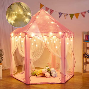 Princess Tent for Girls, Pink Castle Tent with String Light Indoors Outdoor Foldable Playhouse for Kid Age 3-12 Years