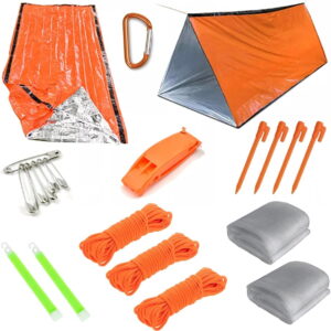 Emergency Survival Shelter Tent for 2 People + 3 Paracords, Tent Stakes, Glow Stick, Whistle | 100% Waterproof Tent | Ultralight & Extra Large