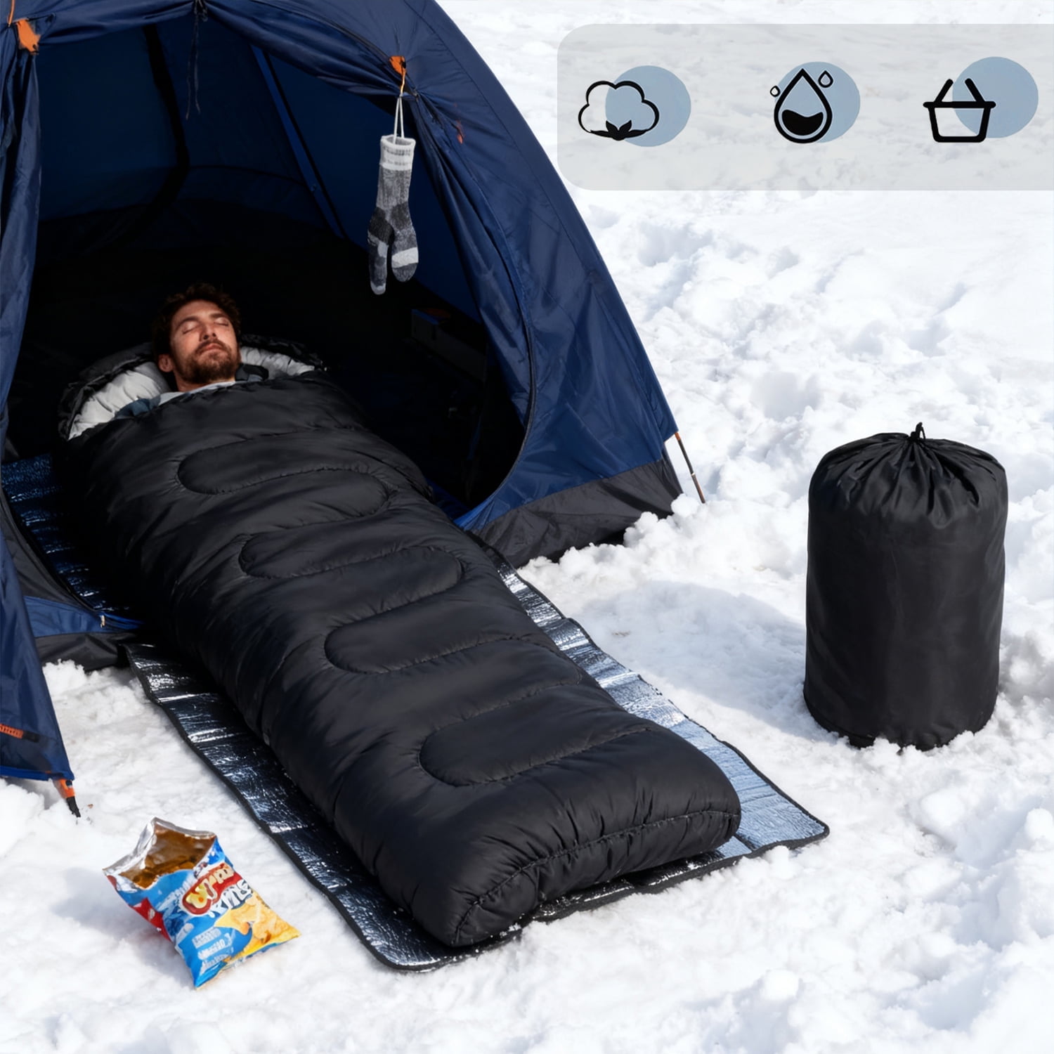 Cold Weather Sleeping Bag for Adults, 5°F-32°F, Lightweight, Waterproof with Heat Retention, Stuff Sack & Snag-Free Zipper | Ideal for Camping, Sleepovers, Guests (Black) - Image 5