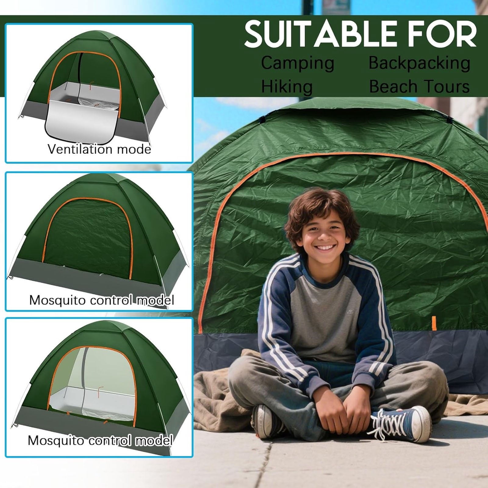 Outdoor Camping Tent, 1-2 Person Folding Pop up Tent, Easy Setup & UV Protection, Waterproof Lightweight Backpacking Dome Tents for Family, Hiking, Outdoor, Travel, Picnic, Green - Image 2