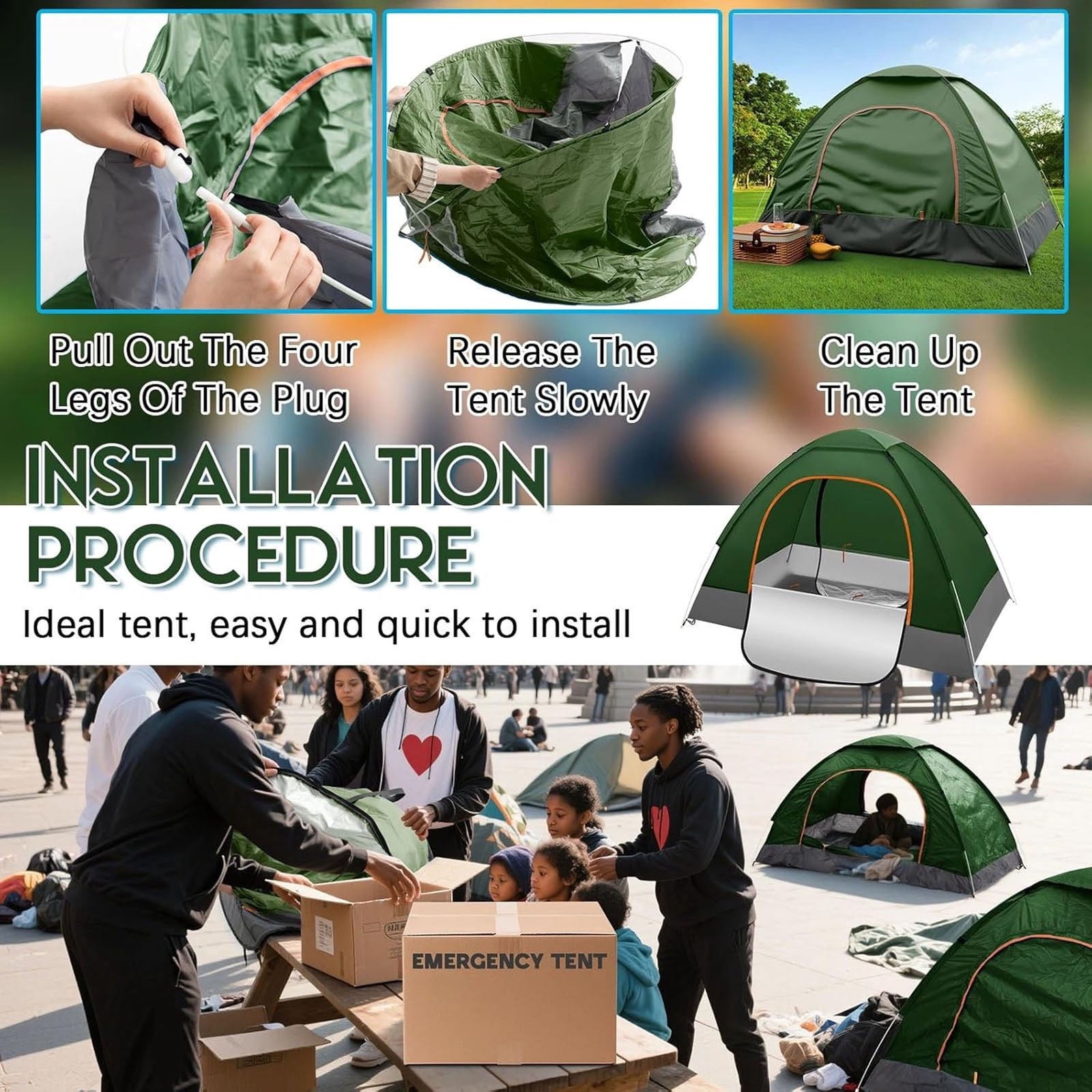 Outdoor Camping Tent, 1-2 Person Folding Pop up Tent, Easy Setup & UV Protection, Waterproof Lightweight Backpacking Dome Tents for Family, Hiking, Outdoor, Travel, Picnic, Green - Image 3